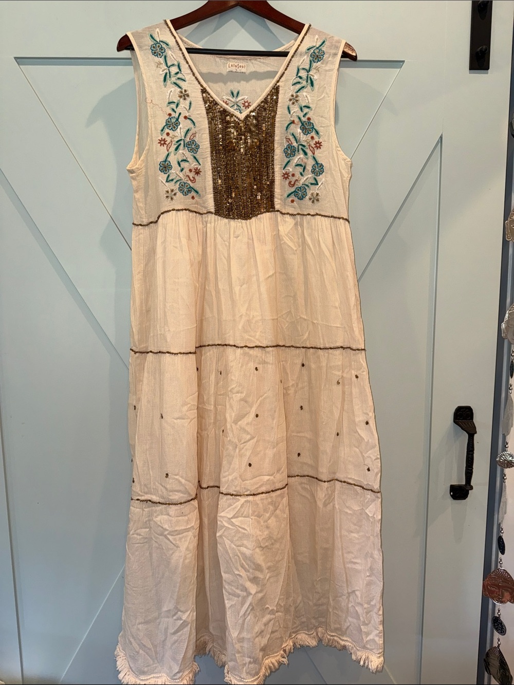 Sundance Cream Maxi Dress with Bronze Sequin Bodice and Teal Embroidery